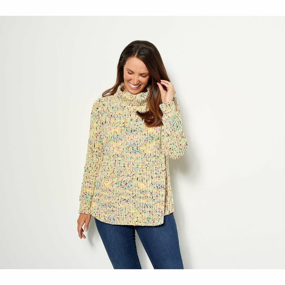 NWT Chenille Turtleneck Sweater Yellow Textured Logo Oversized XS